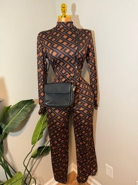 Geometric Brown & Black Long-Sleeve Mock Neck Jumpsuit